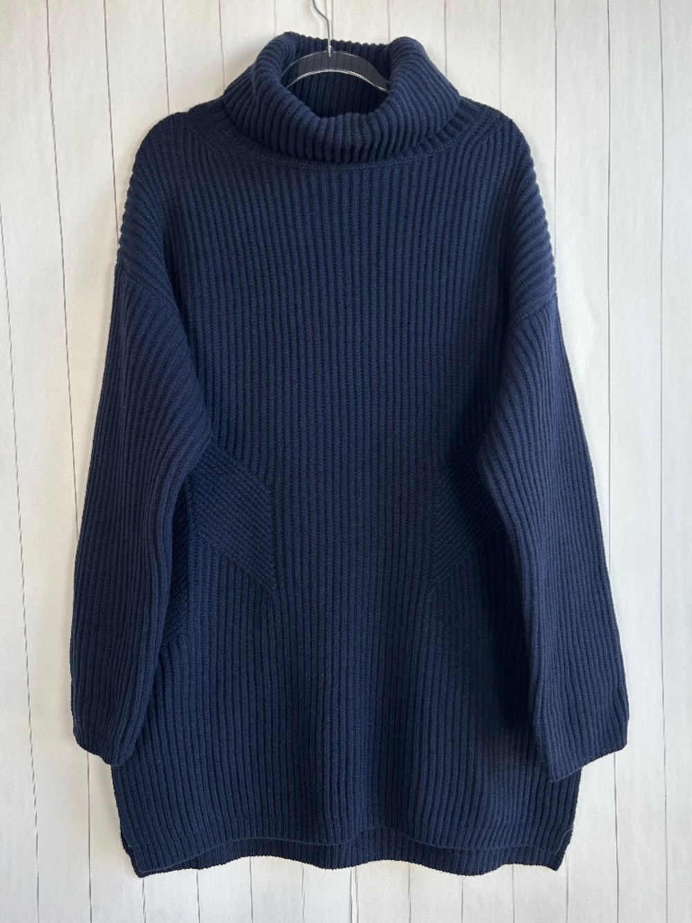 Thakoon women size XL chunky turtleneck sweater tunic navy 100% lambswool cozy